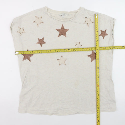 Next Women Beige Star Embroidered Cotton T-Shirt Size 14