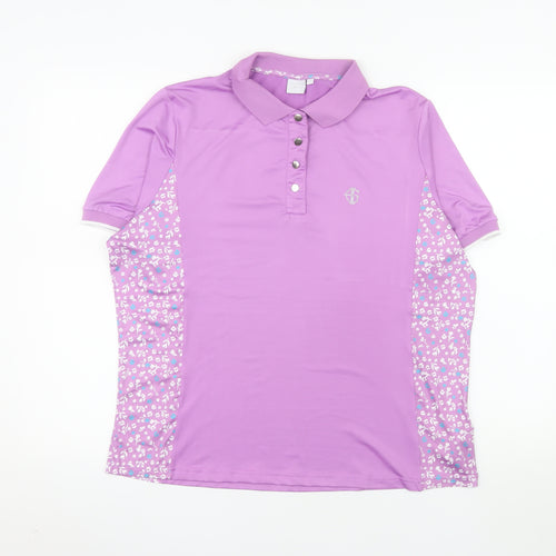 Island Green Women's Purple Floral Polo Shirt Size L Short Sleeve Sports Top