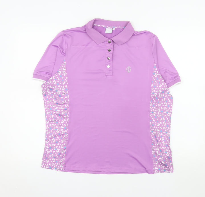 Island Green Women's Purple Floral Polo Shirt Size L Short Sleeve Sports Top