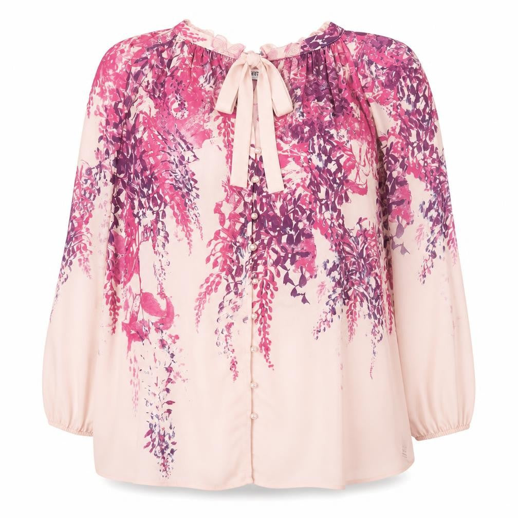 Front view of Gallery women’s pink floral chiffon tunic blouse, size UK 16