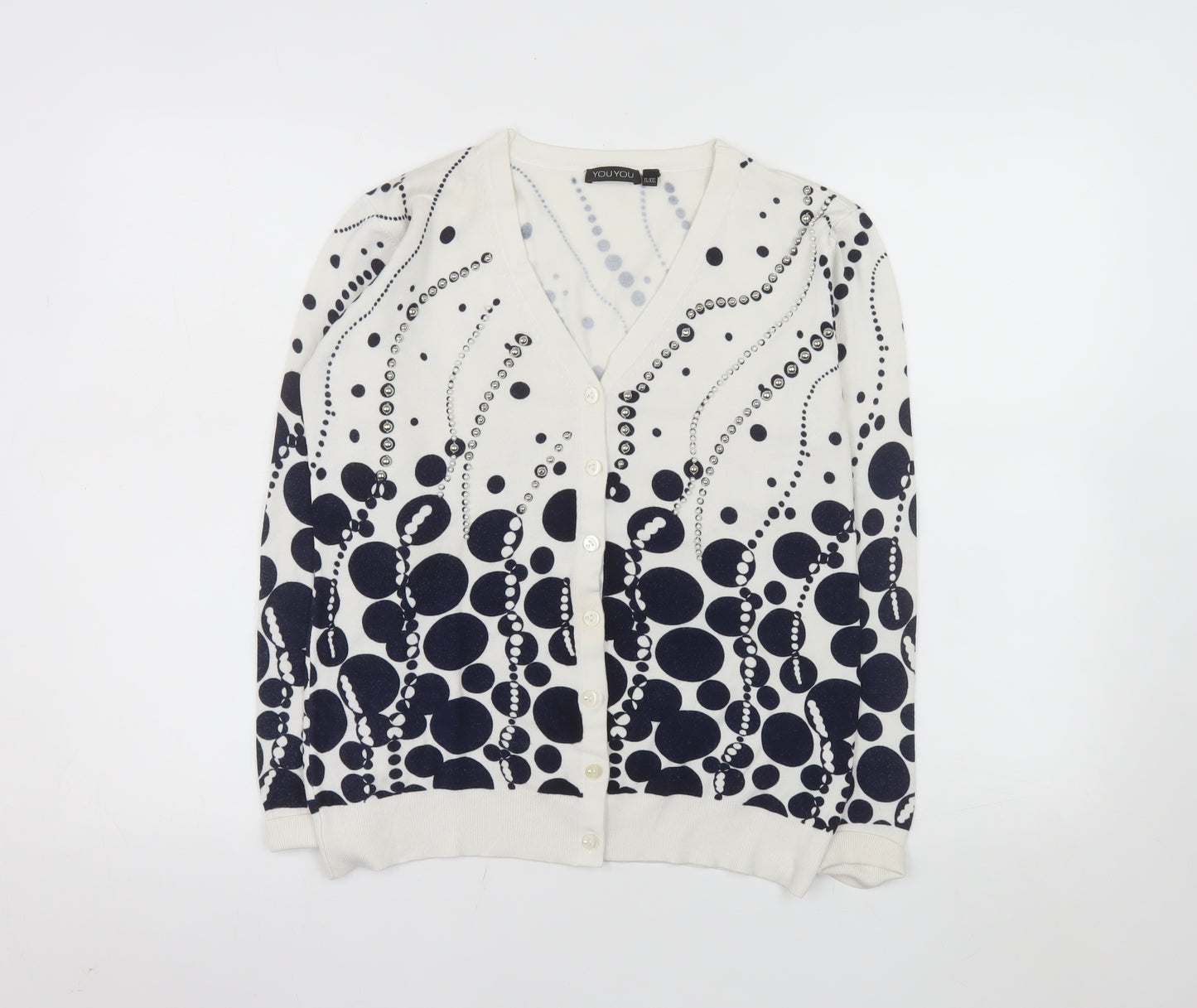 YOU YOU Women's White & Navy Polka Dot V-Neck Cardigan XL