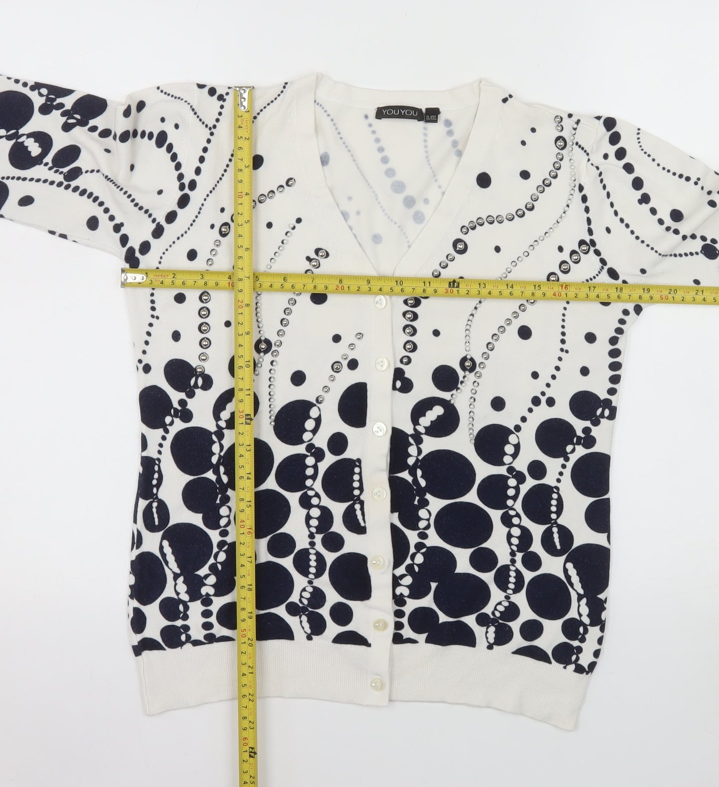 YOU YOU Women's White & Navy Polka Dot V-Neck Cardigan XL