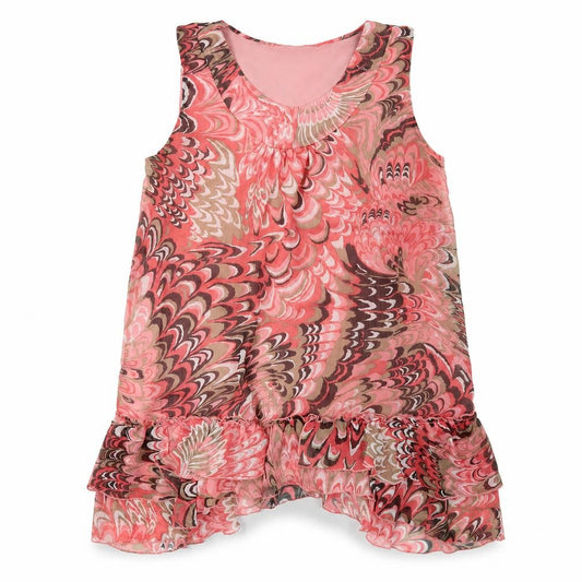 Front view of Dunnes women’s pink geometric chiffon ruffle tunic blouse, size UK 16