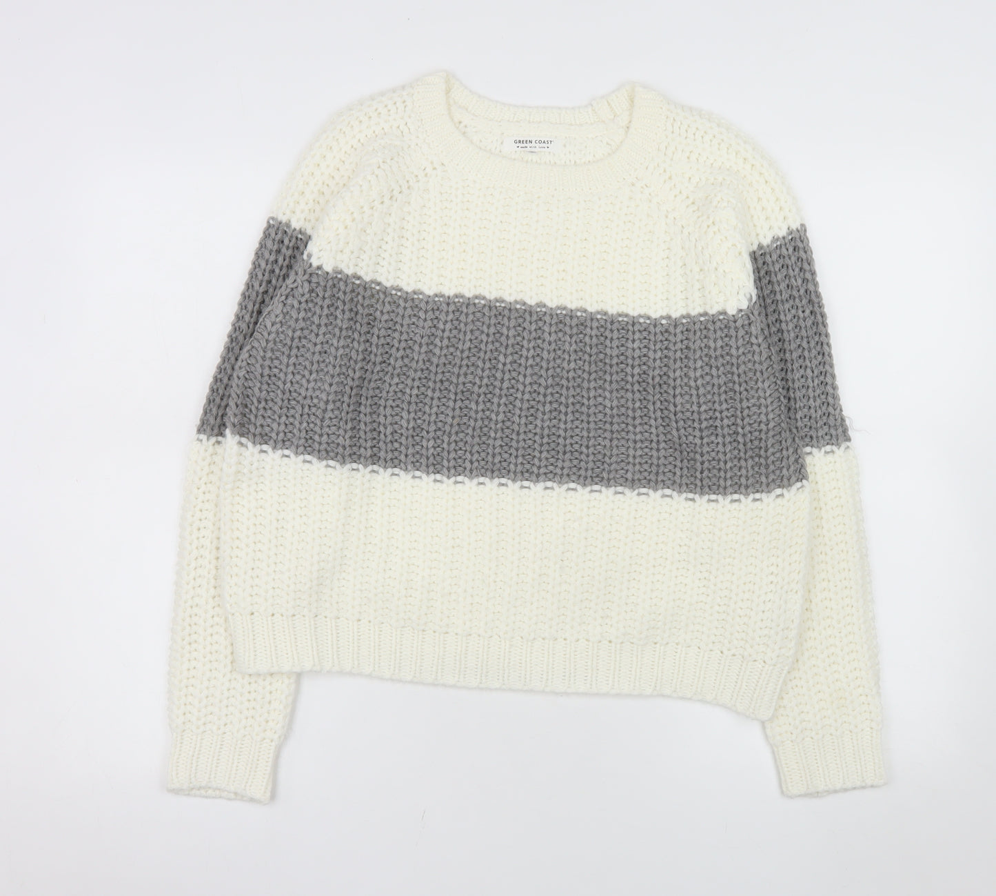 Green Coast Women Cream Grey Chunky Knit Pullover Jumper M