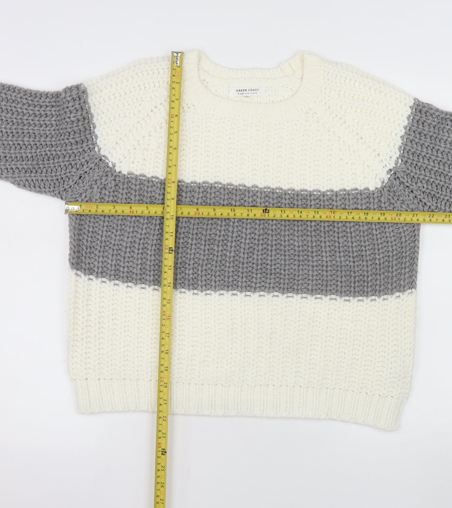 Green Coast Women Cream Grey Chunky Knit Pullover Jumper M