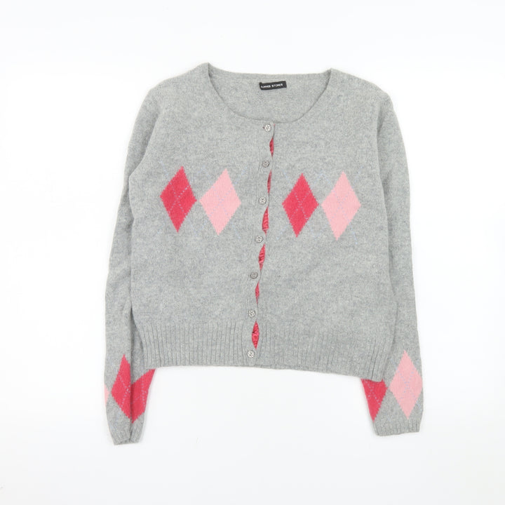 Dunnes Stores Women Grey Argyle Cardigan Size 16 Wool Blend