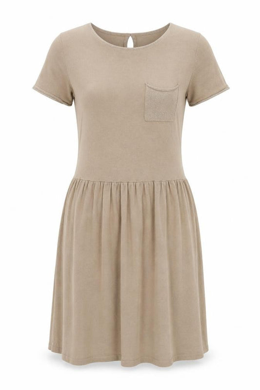 Front view of Grace & Mila Women’s Beige Skater Dress, size S, Short Sleeve Knit