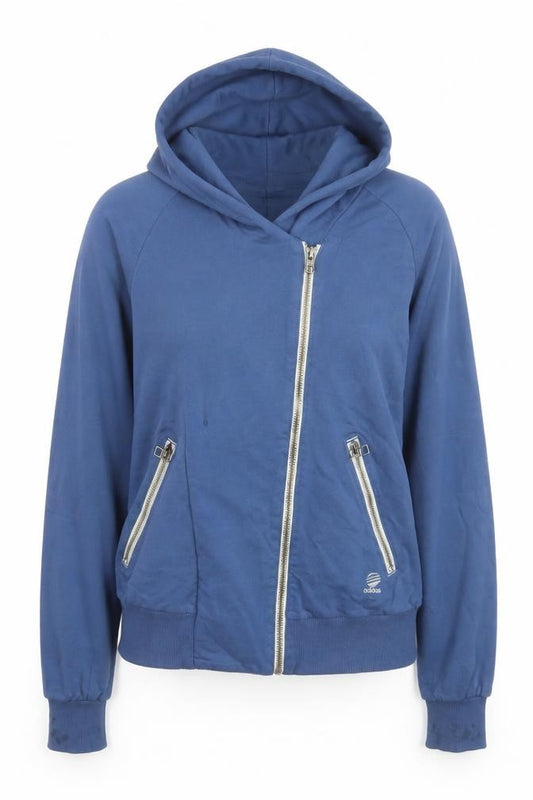 Front view of Adidas SLVR Women's Blue Hooded Zip Cotton Jacket, size M