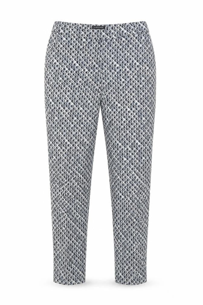 Front view of Warehouse Women’s Grey Geometric Slim Trousers, size UK 8, Cotton Blend