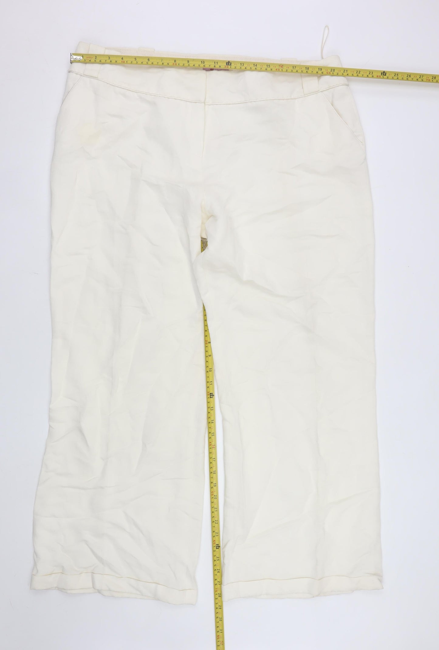 Monsoon Women Ivory Linen Blend Wide-Leg Trousers Size 22