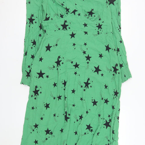 Marks and Spencer Women Green Star Print Long Sleeve A-Line Dress Size 16
