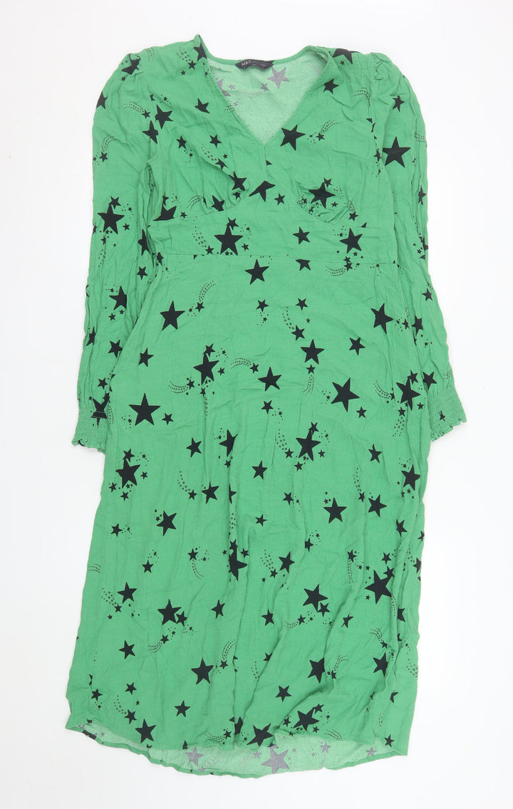 Marks and Spencer Women Green Star Print Long Sleeve A-Line Dress Size 16