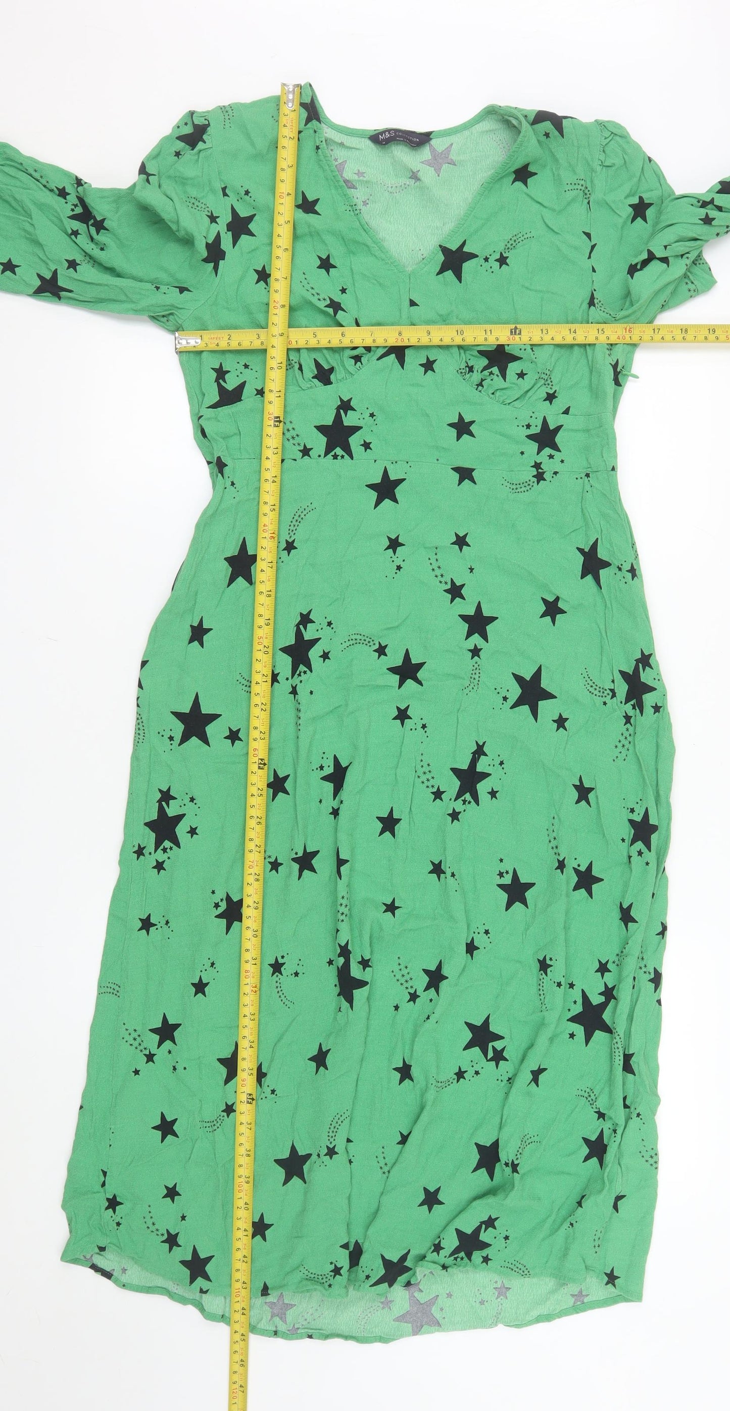 Marks and Spencer Women Green Star Print Long Sleeve A-Line Dress Size 16