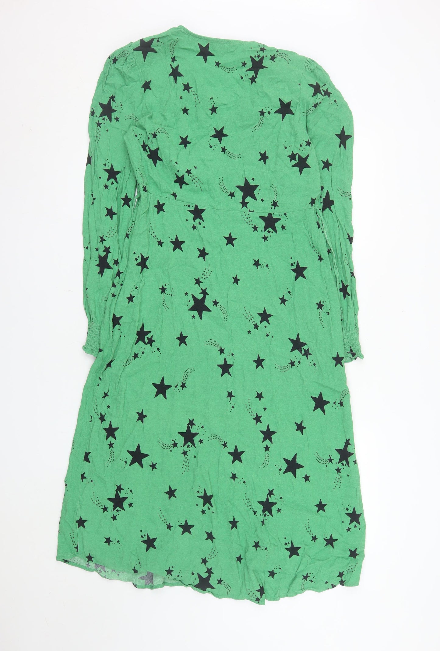 Marks and Spencer Women Green Star Print Long Sleeve A-Line Dress Size 16