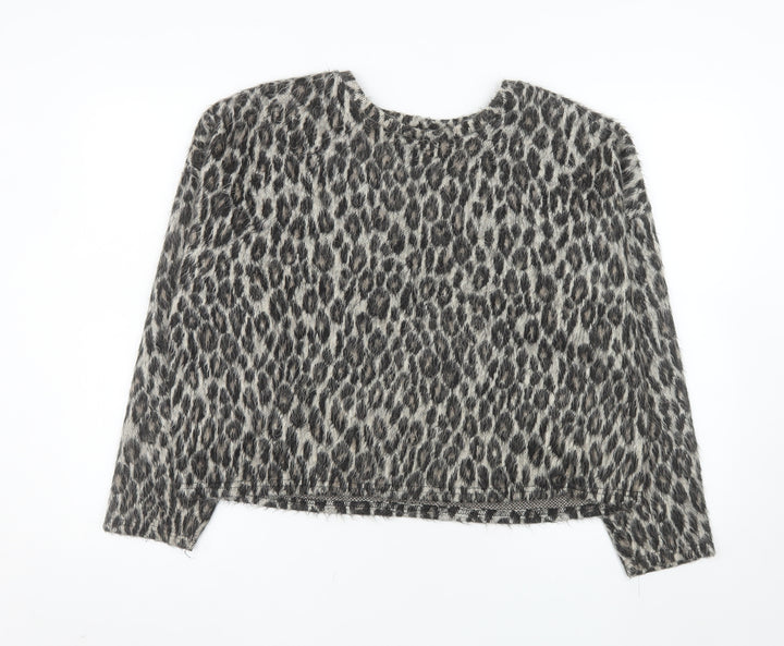 New Look Women Grey Leopard Print Pullover Sweater L