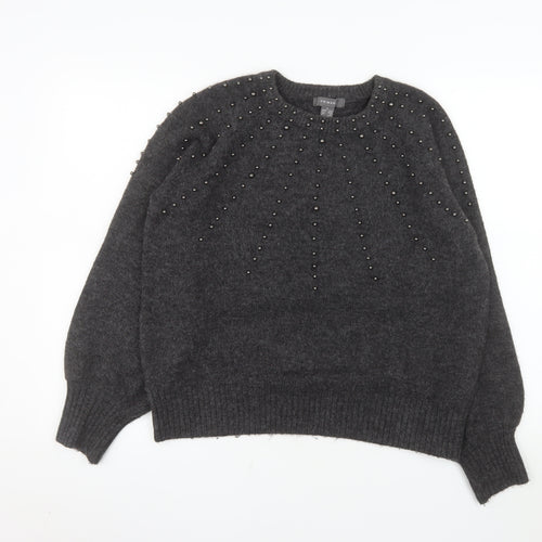 Primark Women's Grey Beaded Crew Neck Knit Jumper Size S 10/12