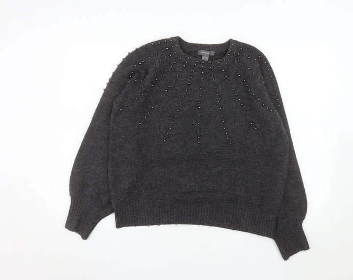 Primark Women's Grey Beaded Crew Neck Knit Jumper Size S 10/12