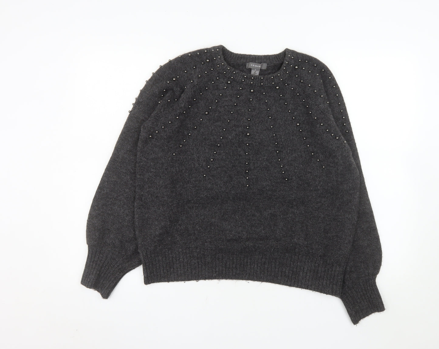 Primark Women's Grey Beaded Crew Neck Knit Jumper Size S 10/12