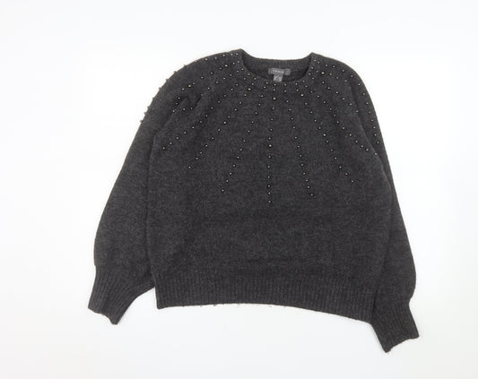 Primark Women's Grey Beaded Crew Neck Knit Jumper Size S 10/12
