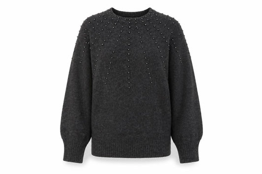 Front view of Primark Women's Grey Beaded Crew Neck Knit Jumper, size S, 10/12