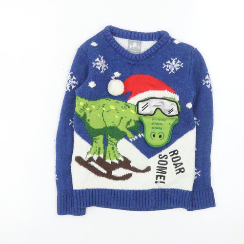George Boys Blue Christmas Dinosaur Jumper 5-6 Years Pullover Sweater