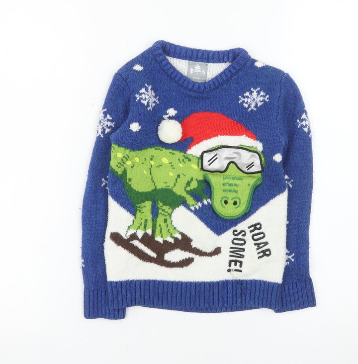 George Boys Blue Christmas Dinosaur Jumper 5-6 Years Pullover Sweater