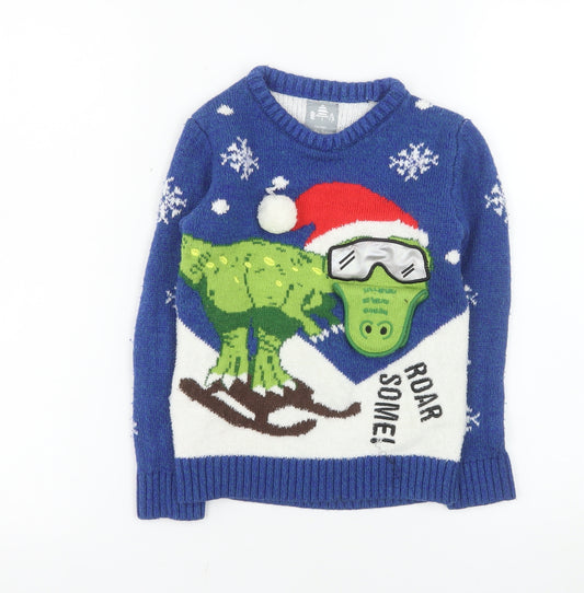 George Boys Blue Christmas Dinosaur Jumper 5-6 Years Pullover Sweater