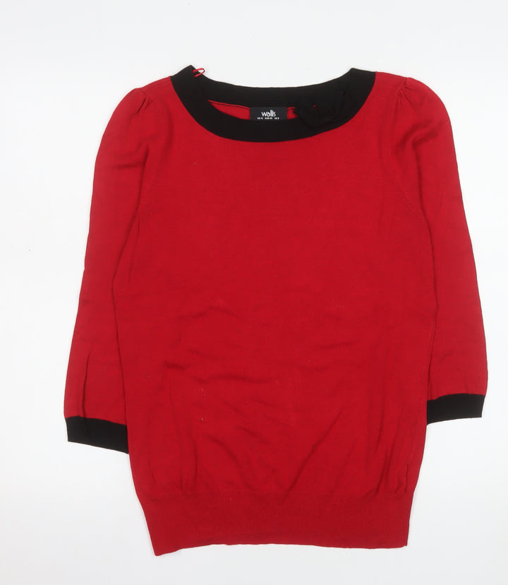 Wallis Women Red Black Trim Jumper Size 12 Knit Boat Neck Pullover