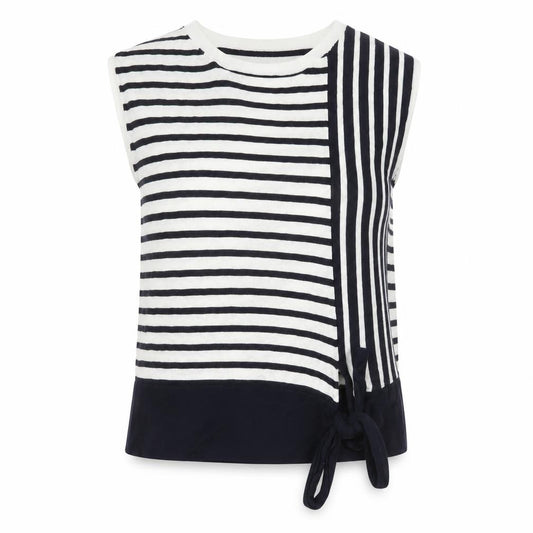 Front view of Marks & Spencer women’s multicoloured striped knit sleeveless top, size UK 8