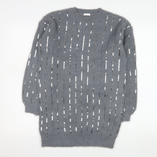 Next Girls Grey Sequin Long Sleeve Sweater Dress - Size 11 Years