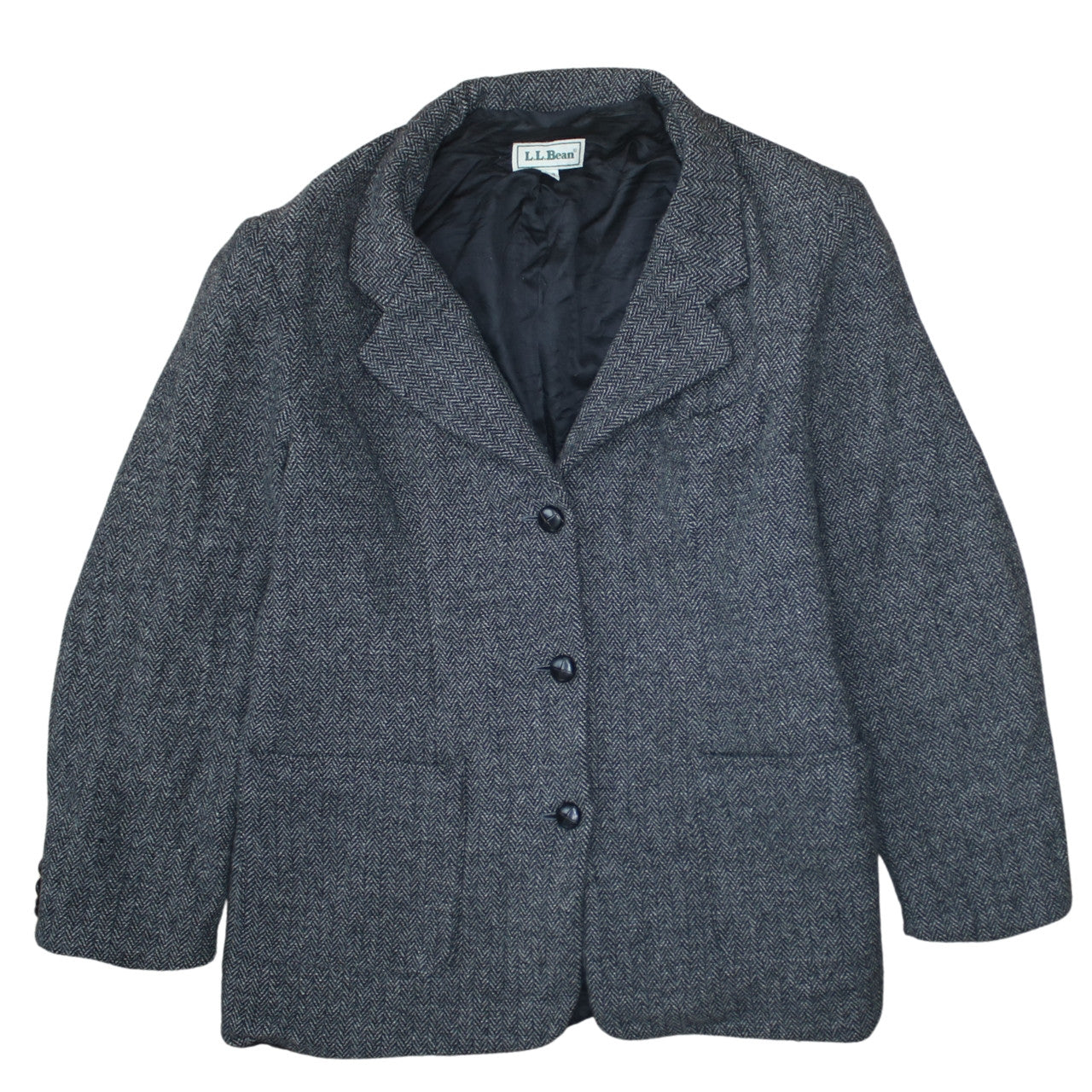 L.L. Bean Women Grey Wool Herringbone Blazer Size 14 Single Breasted
