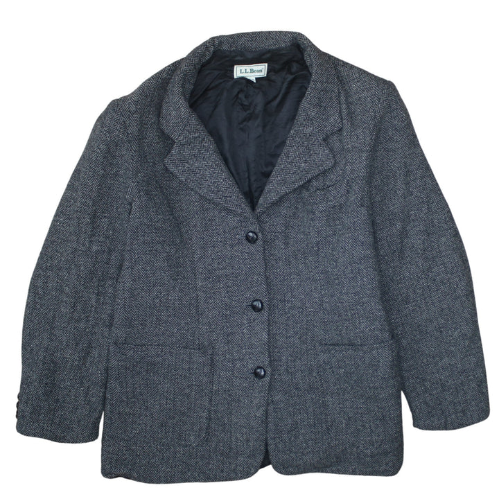 L.L. Bean Women Grey Wool Herringbone Blazer Size 14 Single Breasted