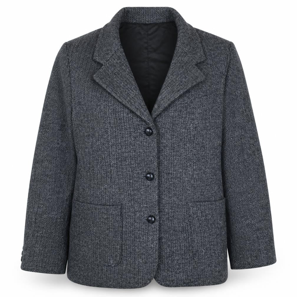 Front view of L.L. Bean Women Grey Wool Herringbone Blazer, size 14, Single Breasted