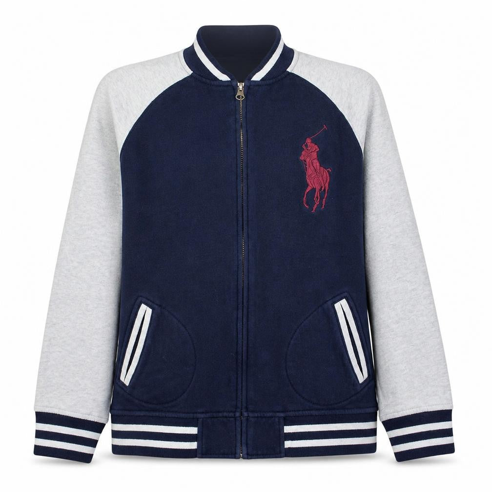 Front view of Ralph Lauren boys’ blue & grey full zip sweatshirt l embroidered logo
