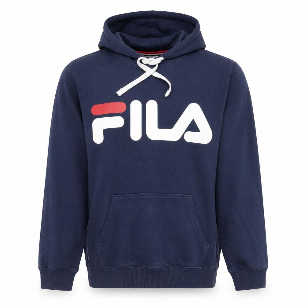 Front view of Fila Men's Blue Pullover Hoodie Small Logo Sportswear Sweatshirt