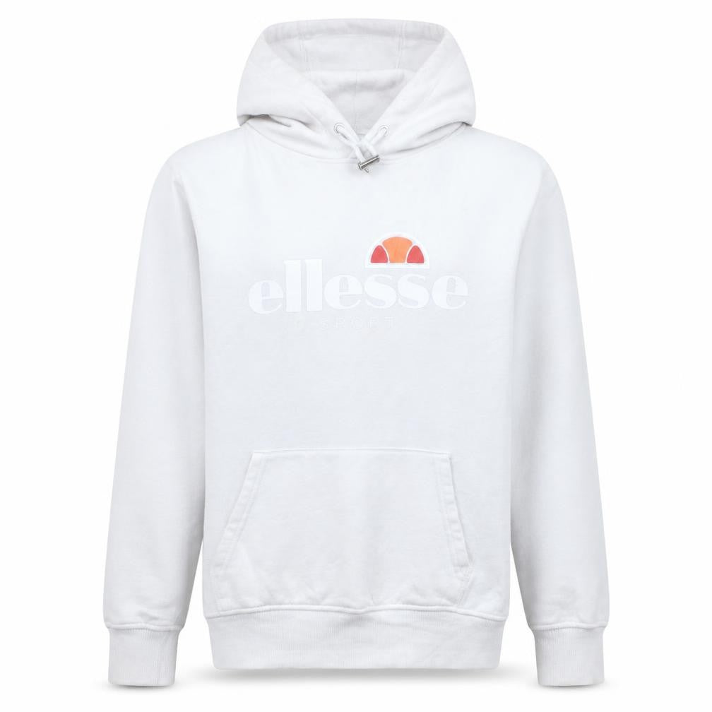 Front view of Ellesse Women's White Pullover Hoodie UK 12 Logo Print Cotton Blend