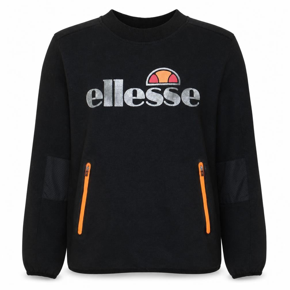 Front view of Ellesse women’s black, size UK 10, pullover sweatshirt with zip pockets