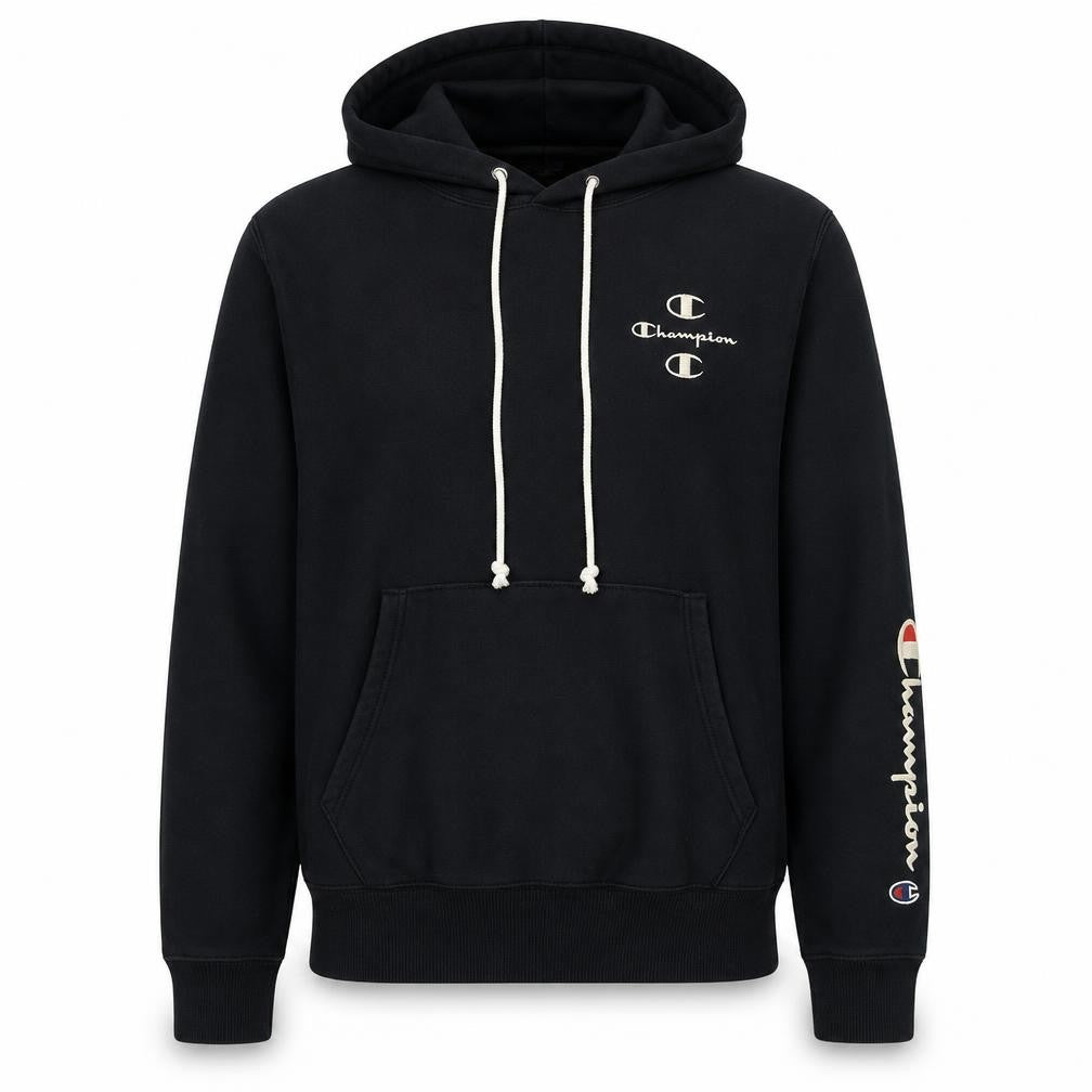 Front view of Champion Men’s Black Pullover Hoodie Small Logo Fleece Sweatshirt