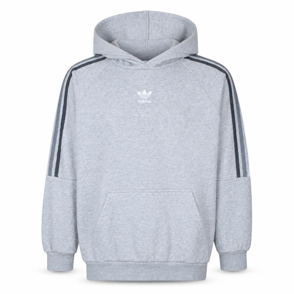 Front view of Adidas men’s grey pullover hoodie small logo fleece sweatshirt