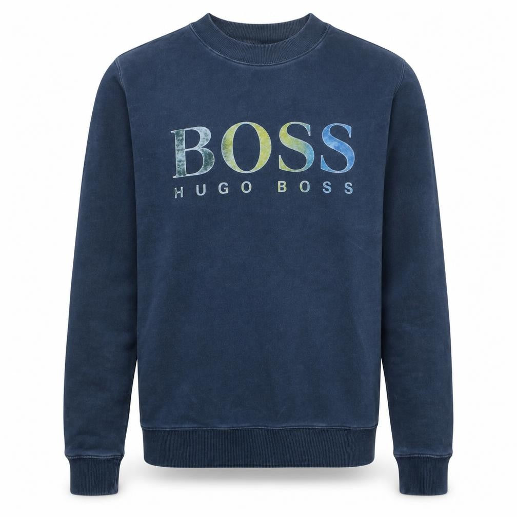 Front view of Hugo Boss Men's Blue Logo Crew Neck Cotton Sweatshirt, size M
