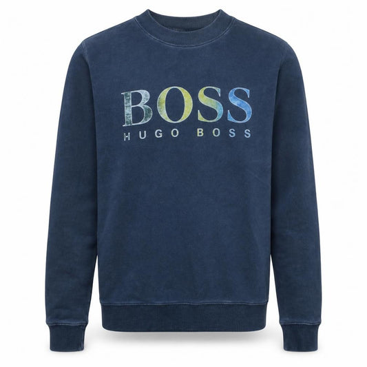 Front view of Hugo Boss Men's Blue Logo Crew Neck Cotton Sweatshirt, size M