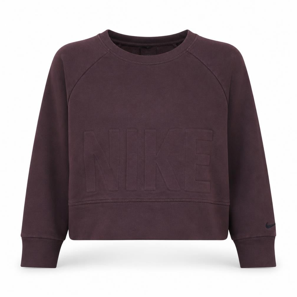 Front view of Nike Women’s Burgundy Dri-Fit Pullover Sweatshirt, size S, Crew Neck