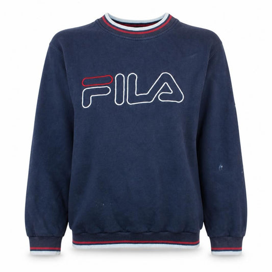 Front view of Fila women’s navy blue logo sweatshirt, size UK 6, classic pullover