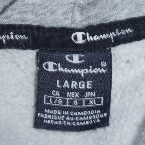 Champion Men Grey Pullover Hoodie L Regular Fleece Sports Logo
