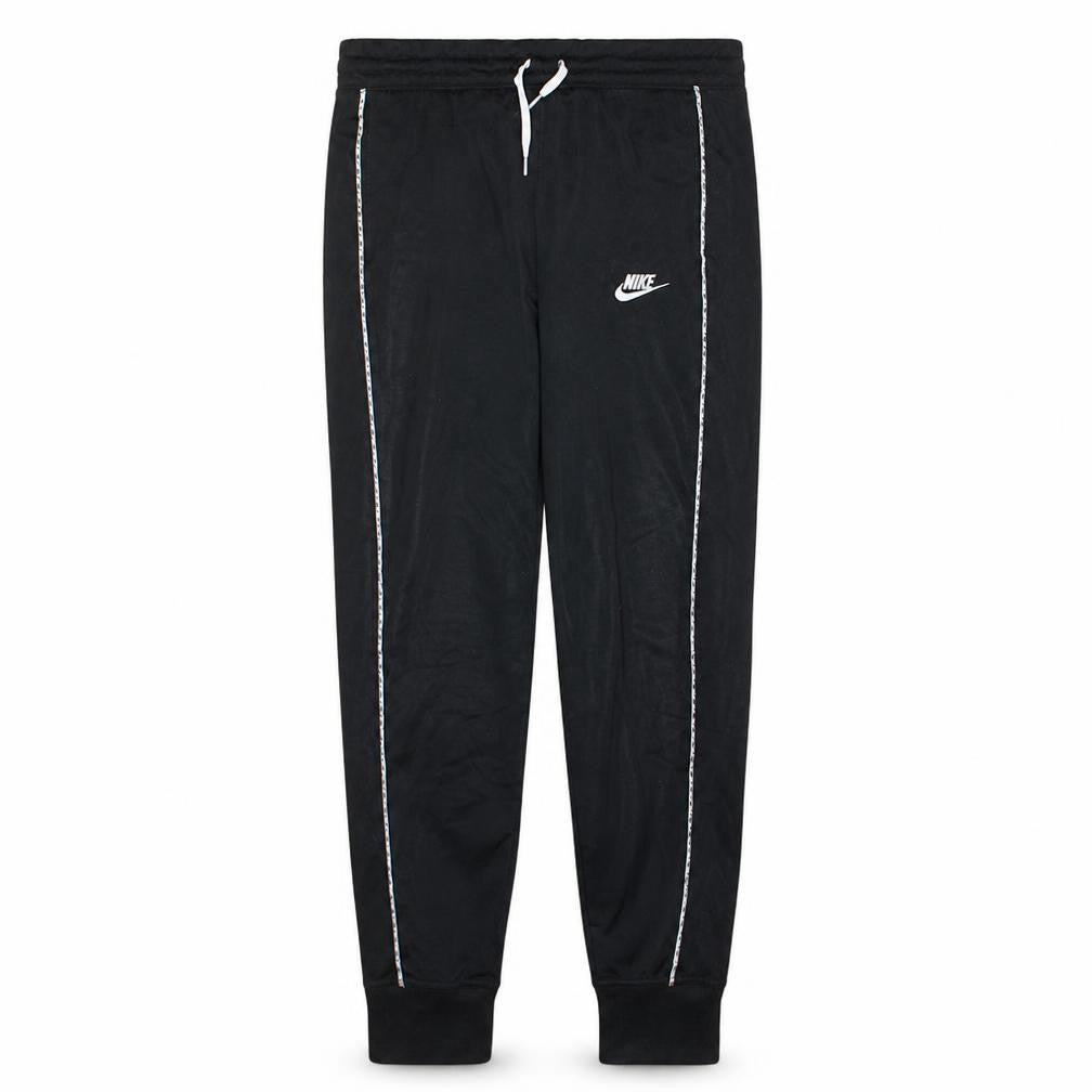 Front view of Nike boys’ black xl jogger trousers with side stripe & drawstring waist