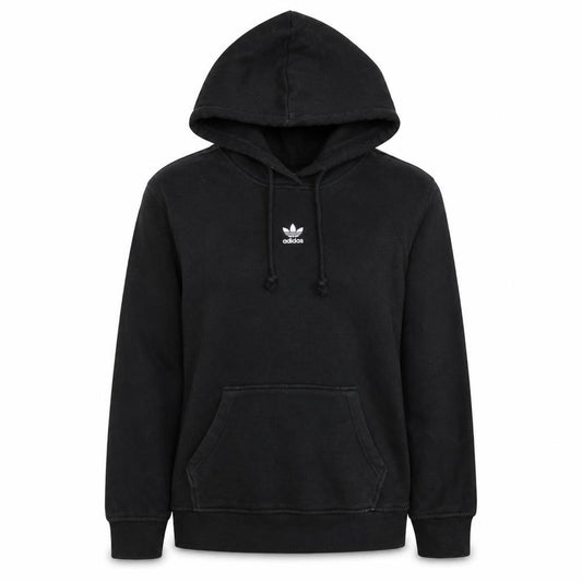 Front view of Adidas women’s black pullover hoodie, size UK 6, lightweight cotton casual