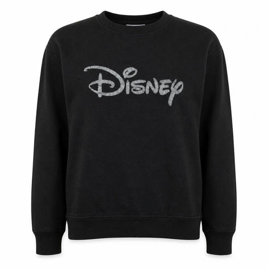 Front view of Disney women’s black glitter logo pullover sweatshirt, size M