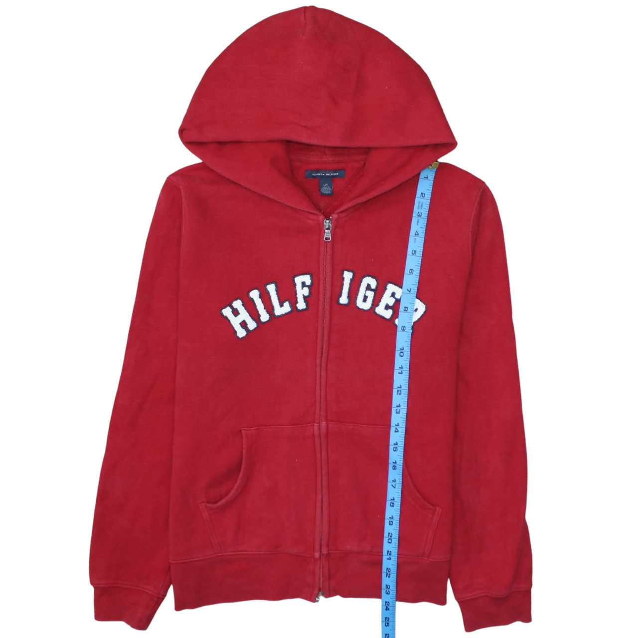 Tommy Hilfiger Womens Red Full Zip Hoodie L Embroidered Logo Casual