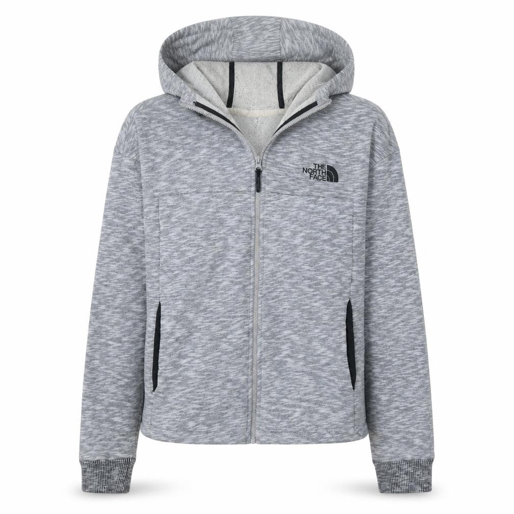Front view of The North Face women’s grey full zip hoodie medium 100% cotton