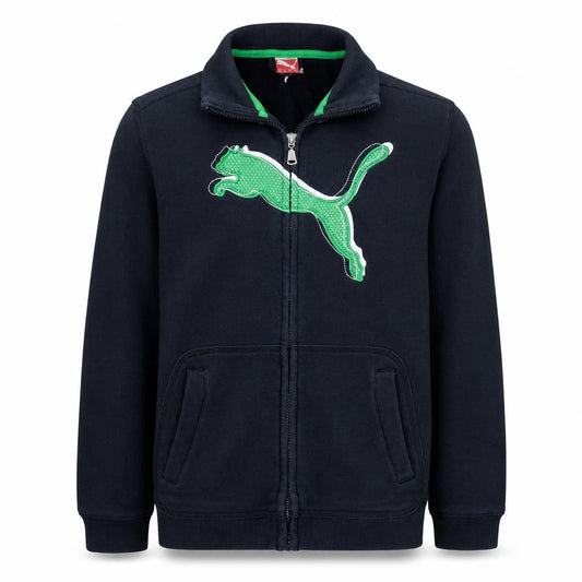 Front view of Puma boys’ black track jacket, size 14, years full zip fleece activewear